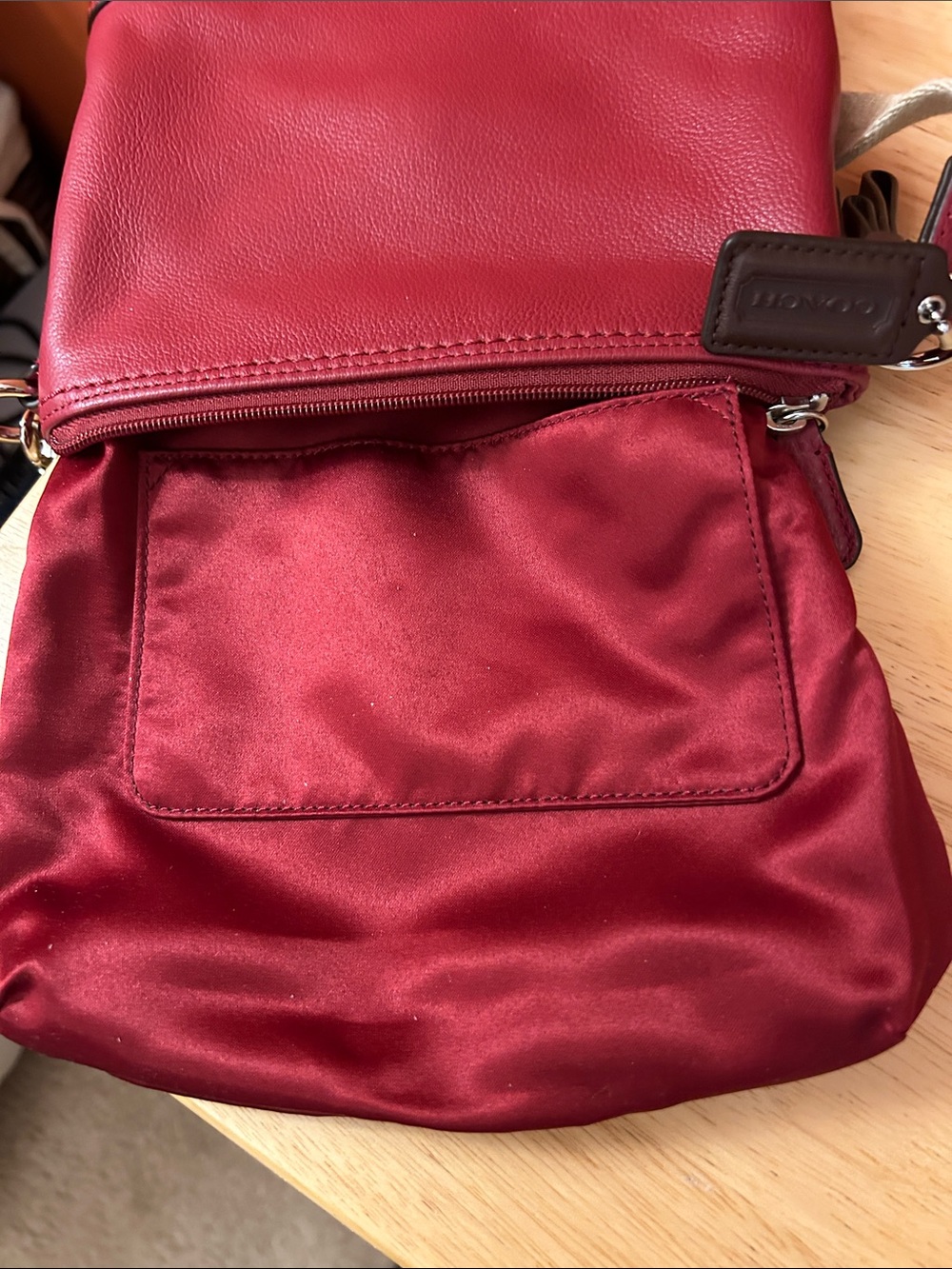 Coach Small Pebbled Leather Crossbody in Burgundy with Canvas Strap - Picture 6 of 11